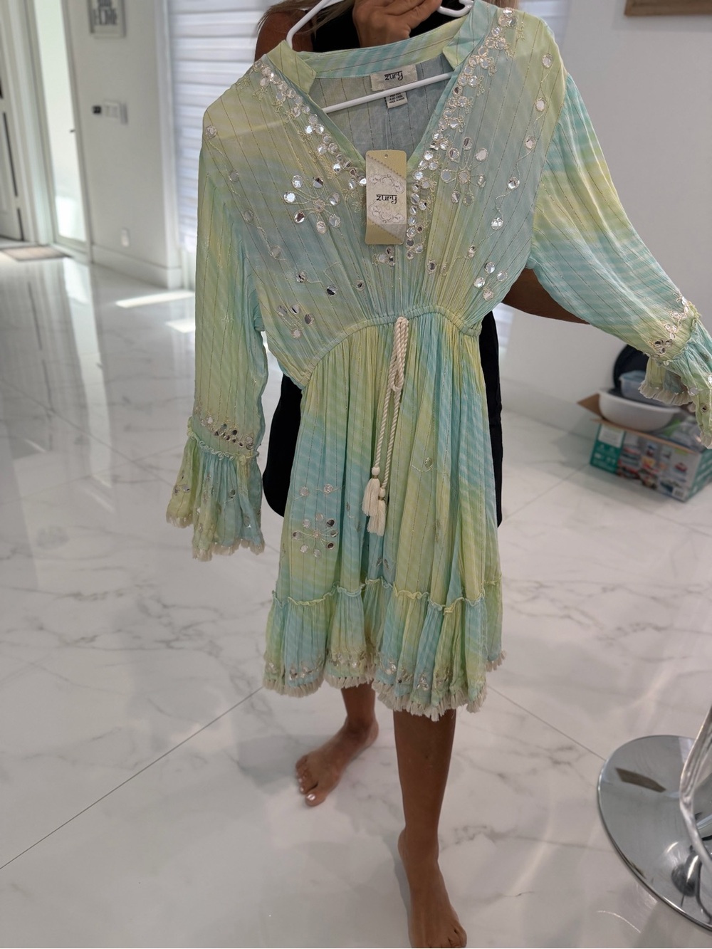 Light Green Tie-Dye Sequin Boho Dress